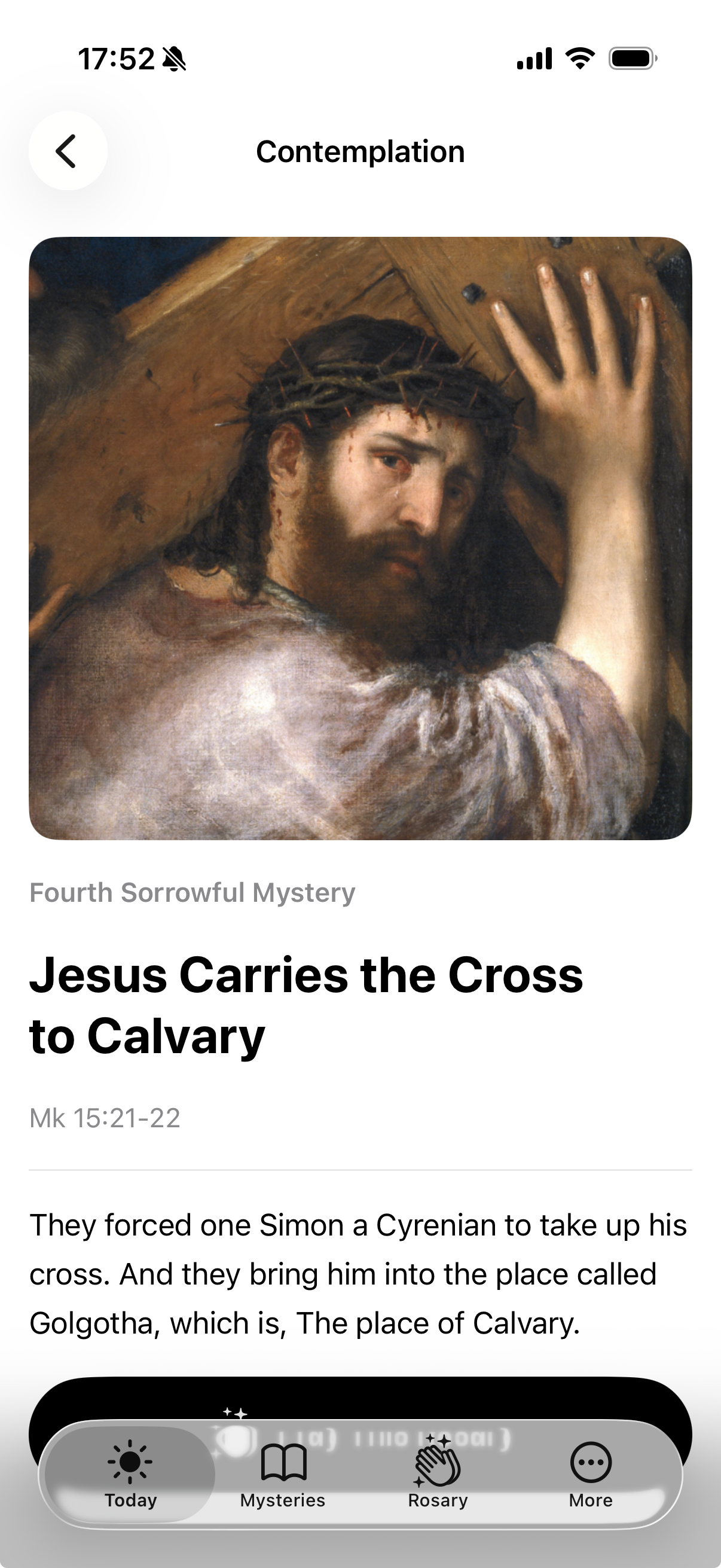 Daily Rosary contemplation screen with the painting, title and Scripture passage of Jesus carrying the cross to Calvary.