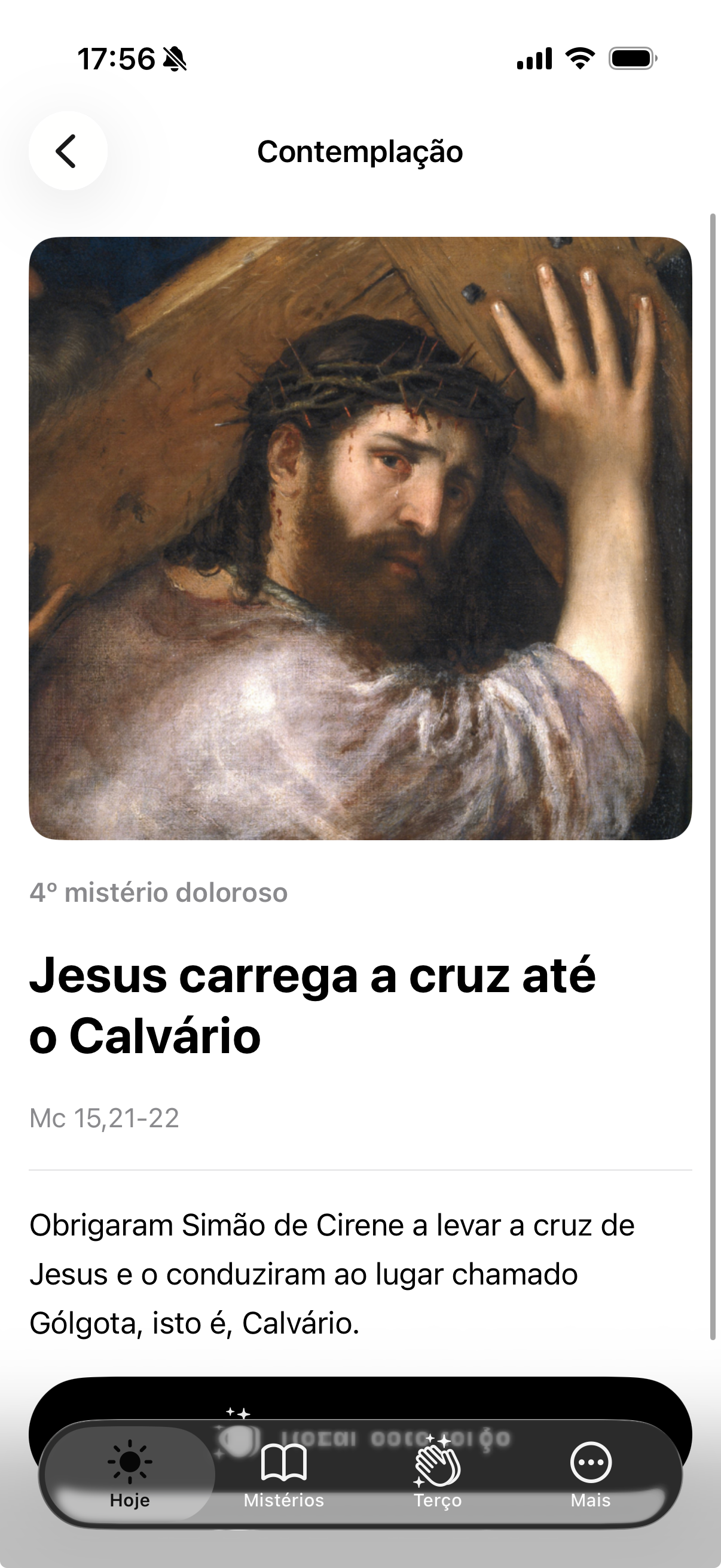 Tela de contemplação do Rosário Diário com a imagem, o título e o texto bíblico de Jesus carregando a cruz até o Calvário.