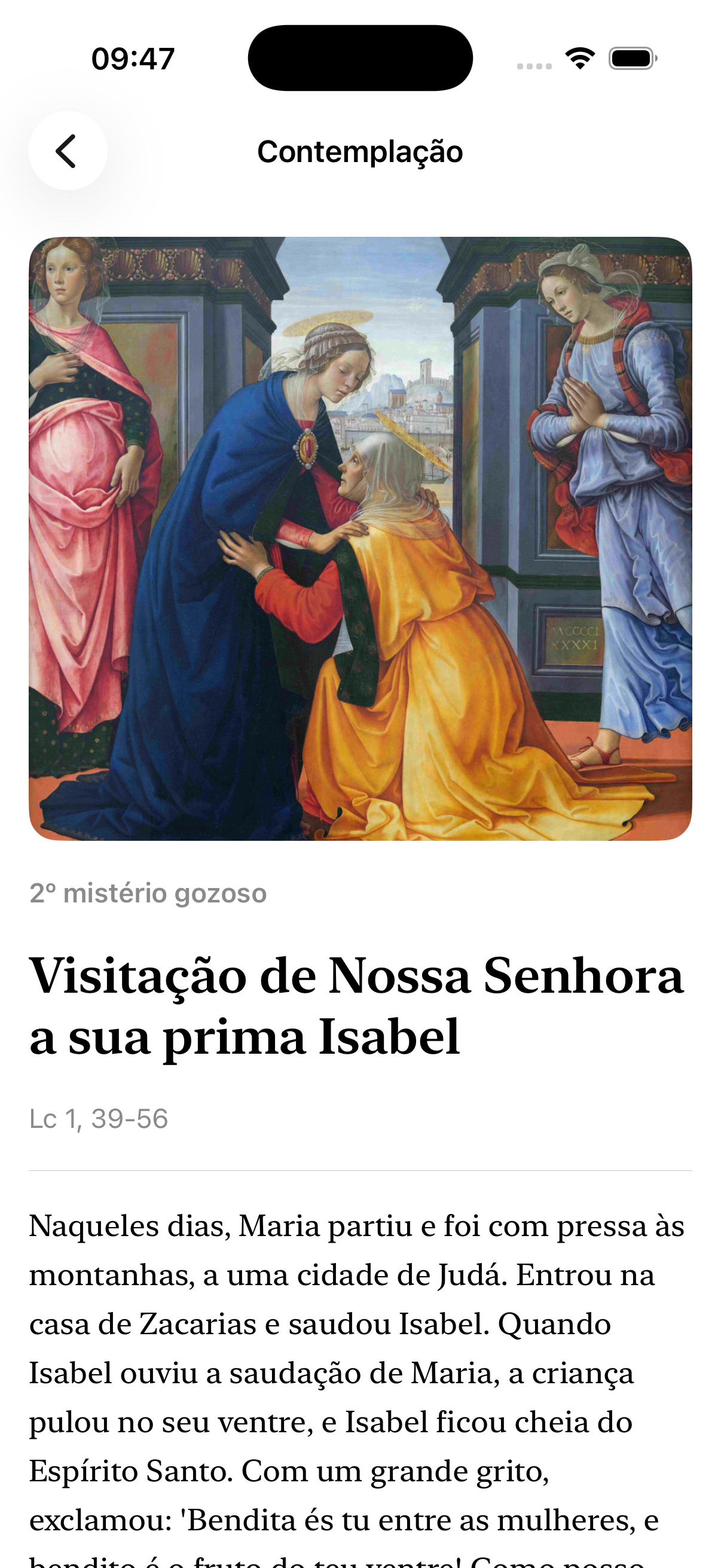 Tela de contemplação do Rosário Diário com a imagem, o título e o texto bíblico da Visitação.