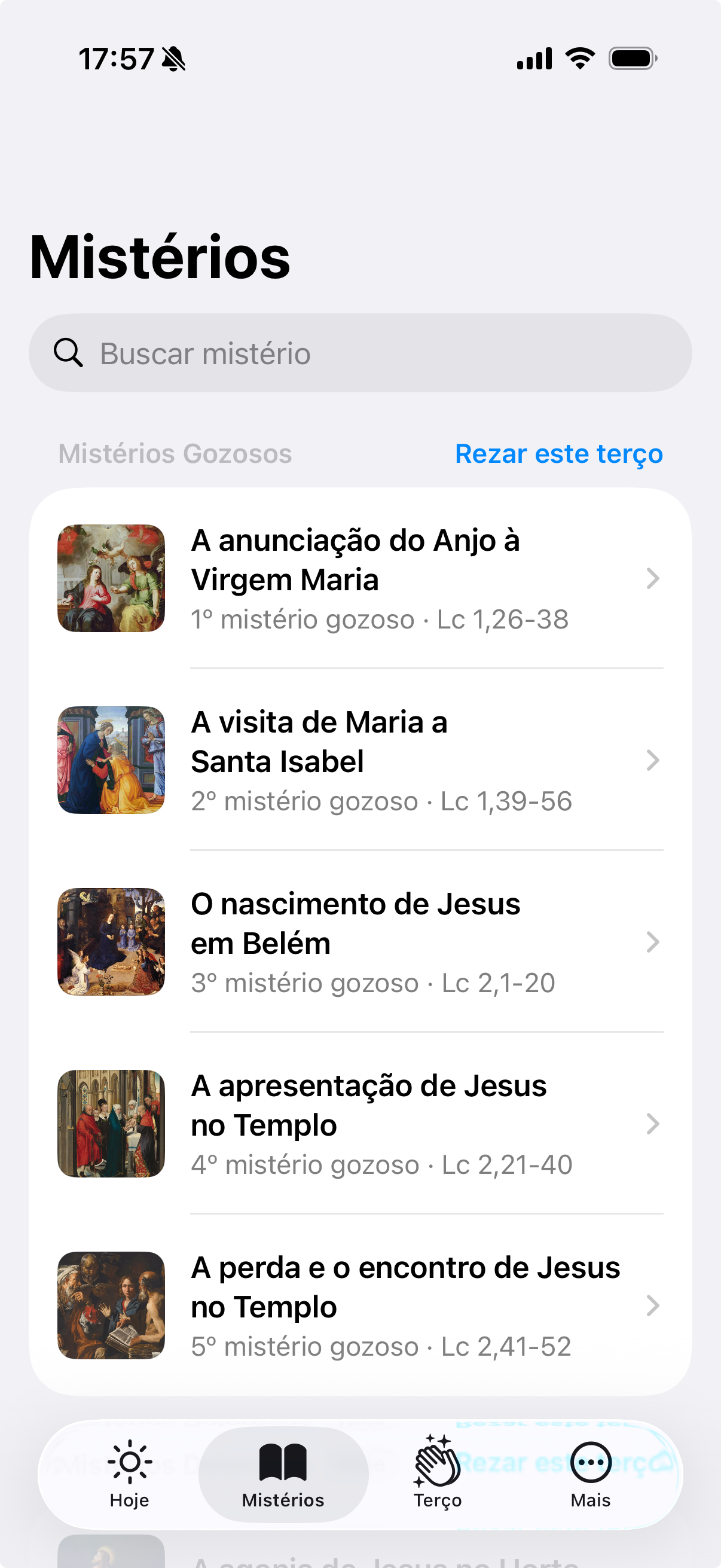 Aba Mistérios com os mistérios do Rosário, suas imagens e referências bíblicas.