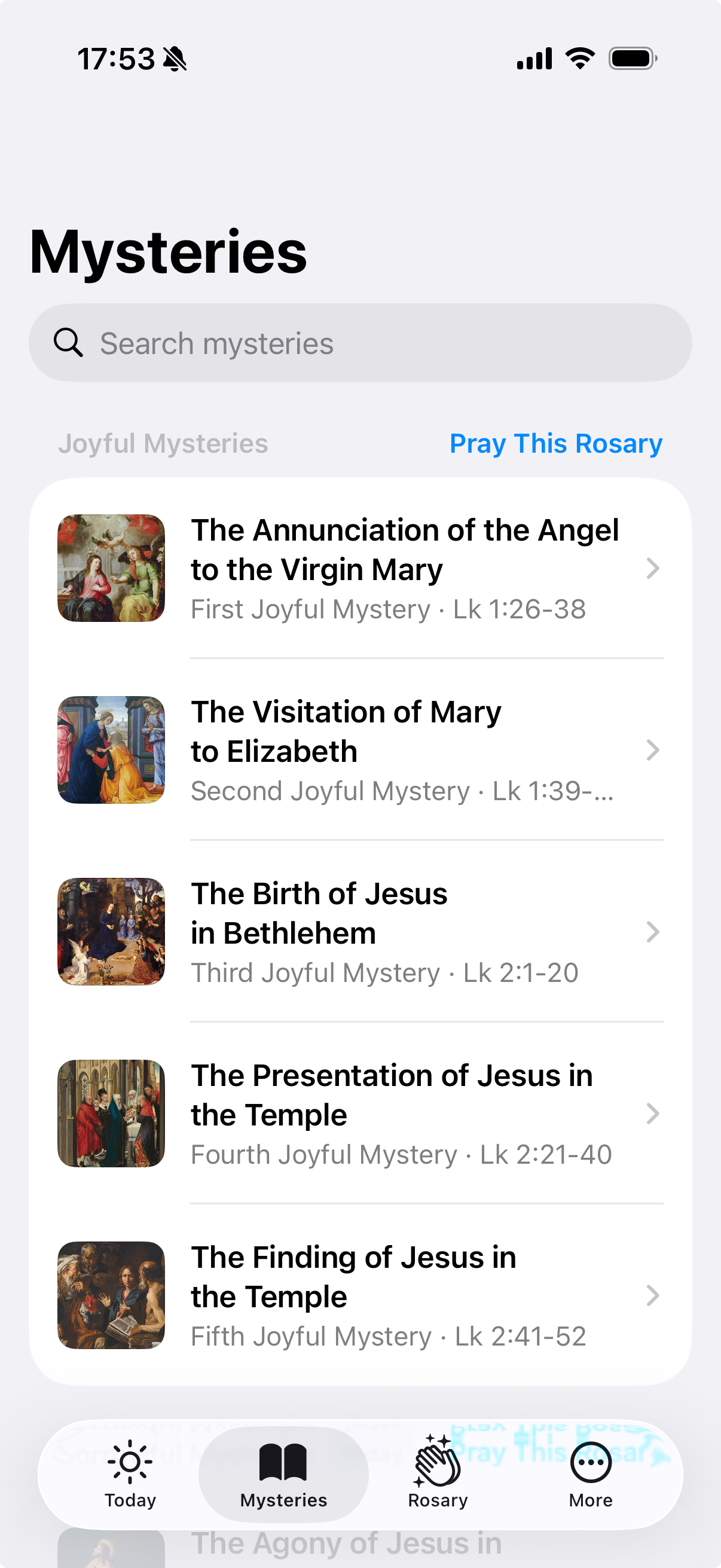 Mysteries tab with the mysteries of the Rosary, their paintings and Scripture references.