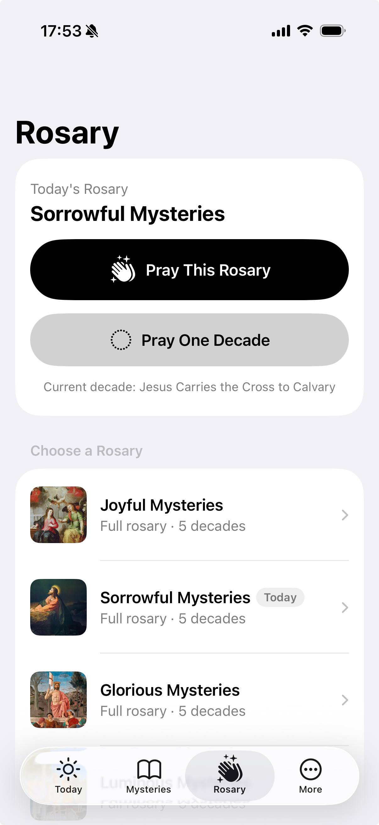 Daily Rosary’s Rosary tab with today’s Rosary and options to pray the full Rosary or one decade.