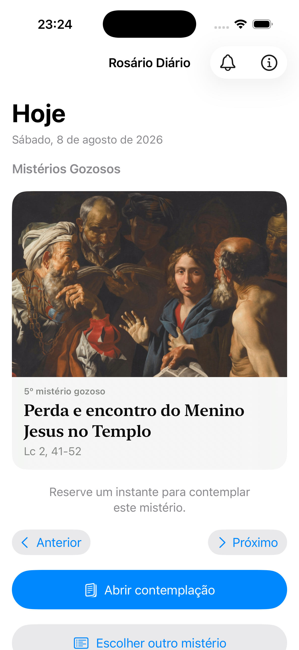 Tela Hoje do Rosário Diário com o mistério do dia e ações para contemplar ou rezar.