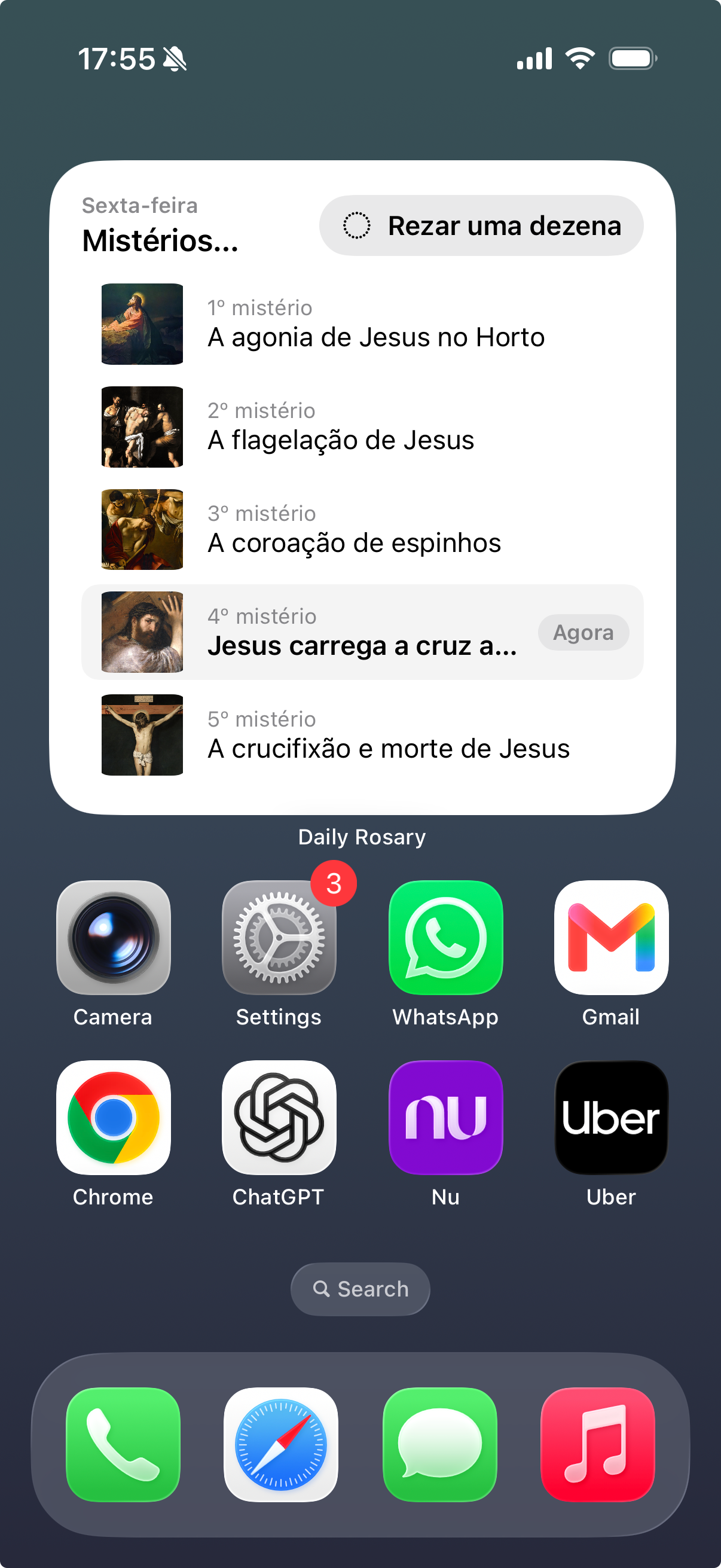 Widget Mistérios de hoje na Tela de Início, com os cinco mistérios do dia e o atual em destaque.
