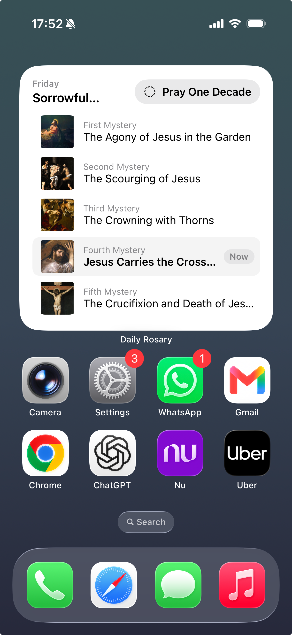 Today’s Mysteries widget on the Home Screen, with the day’s five mysteries and the current one highlighted.