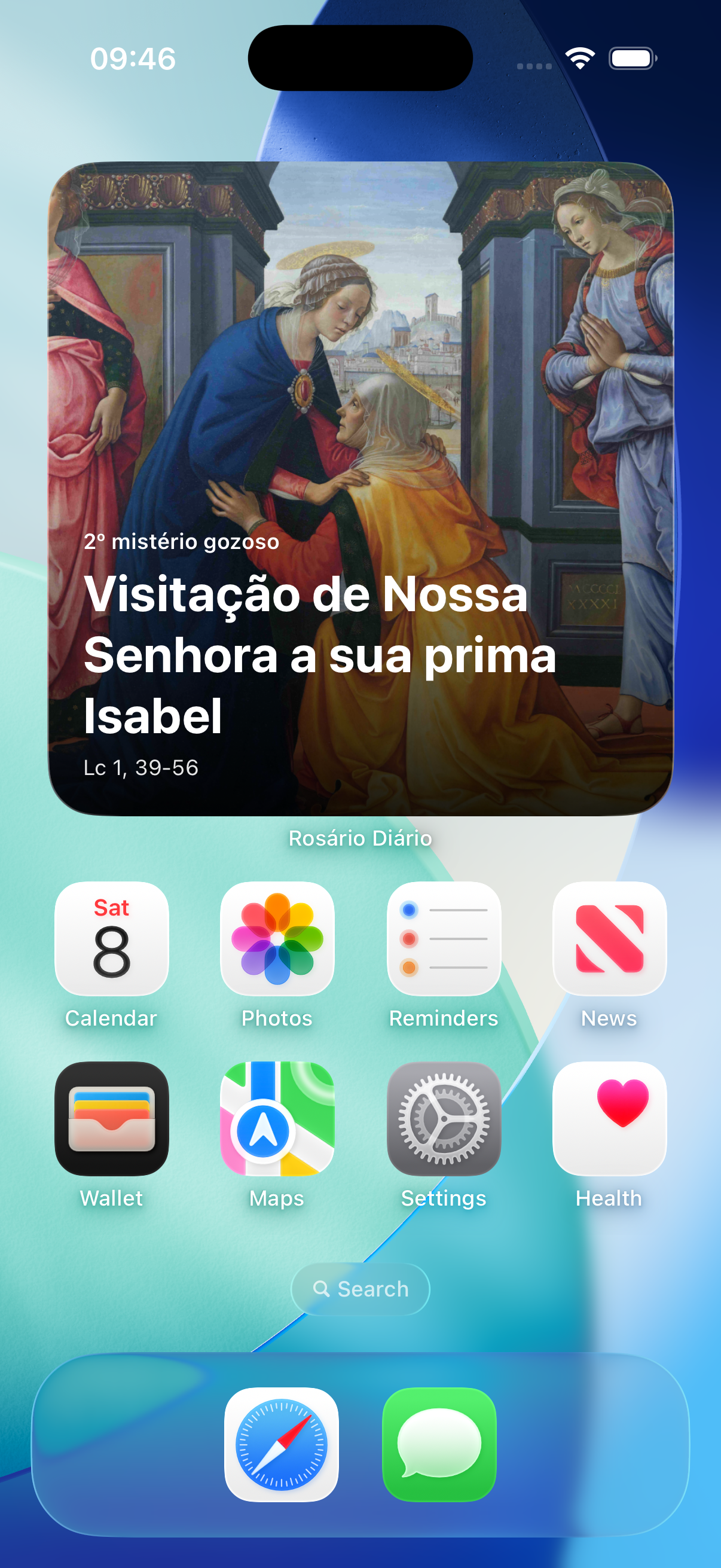 Tela de Início com um widget grande do Rosário Diário mostrando a Visitação de Nossa Senhora a sua prima Isabel.
